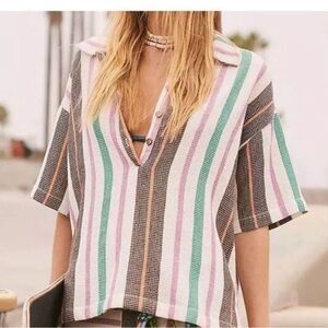 Free People Soleil Time Endless Summer Striped Waffle Knit Cotton Polo